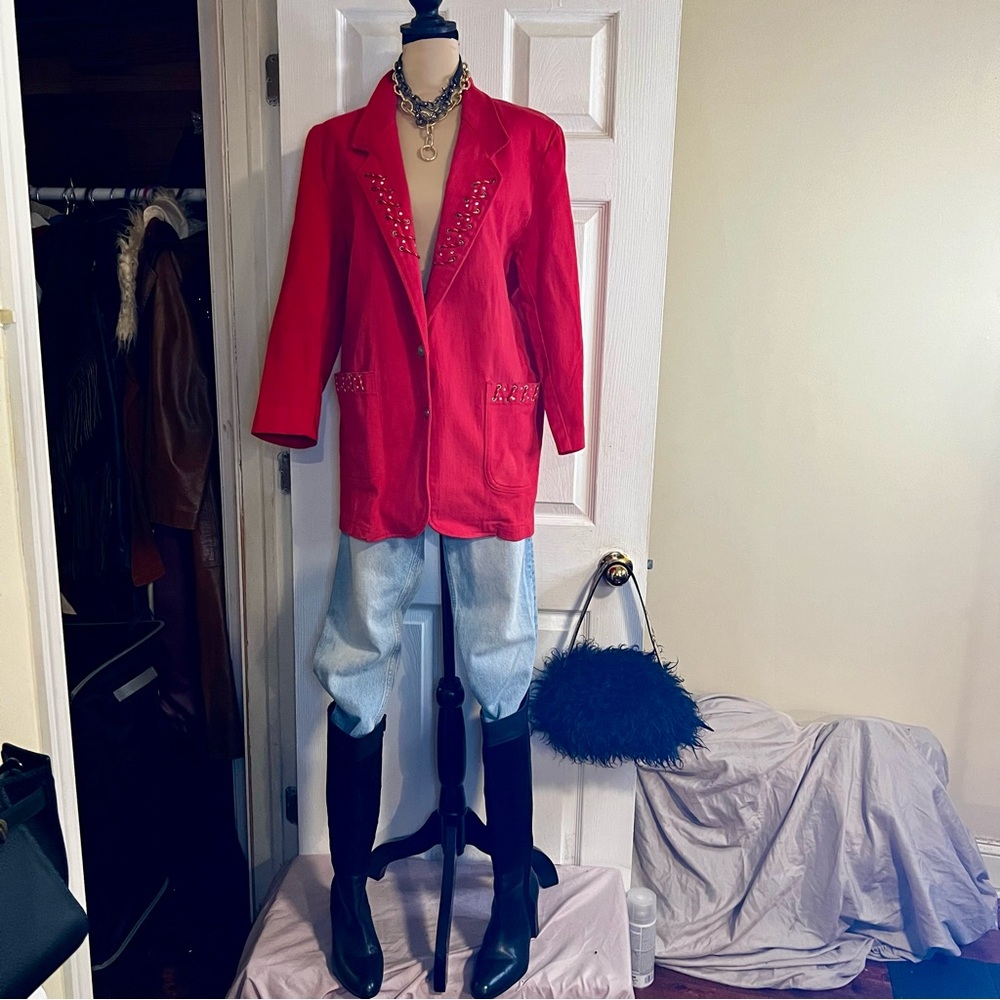 Vintage David‎ David Women’s Red Lace Up Cotton Denim Grunge Punk Rock Blazer M